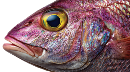 Close-up of a vibrant, colorful fish with striking features. or transparent background