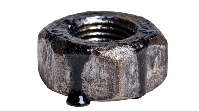 Close-up of an industrial bolt with visible oil stains. or transparent background