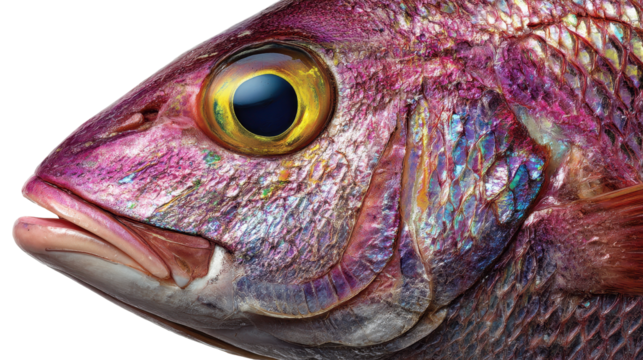 Close-up of a vibrant, colorful fish with striking features. or transparent background