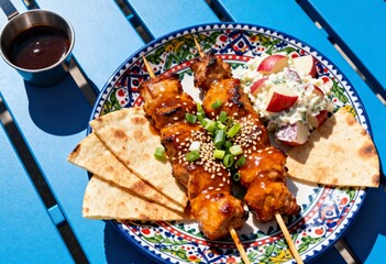 Grilled skewers with tortillas, potato salad and dipping sauce served on a colorful plate under bright sunlight for a vibrant summer meal