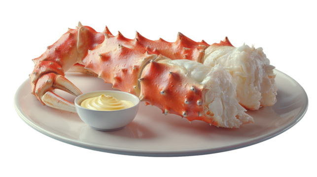 Delicious crab leg served with creamy dipping sauce on plate. or transparent background