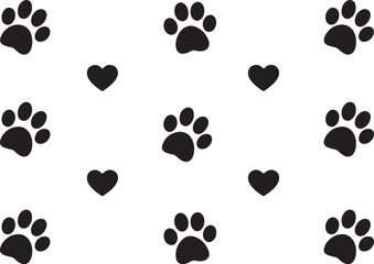 Black Paw Prints and Tiny Hearts Seamless Pattern on White Background for Pet Lovers