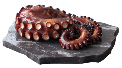 Fresh octopus on a dark stone, showcasing its vibrant color. or transparent background