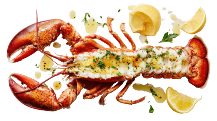 Freshly cooked lobster garnished with lemon and herbs. or transparent background