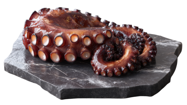 Fresh octopus on a dark stone, showcasing its vibrant color. or transparent background - Powered by Adobe