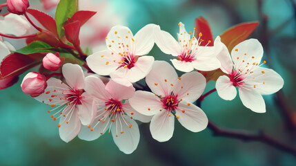 Delicate pink and white cherry blossoms with red centers bloom on a branch against a soft turquoise background in a stunning close-up sp floral image.