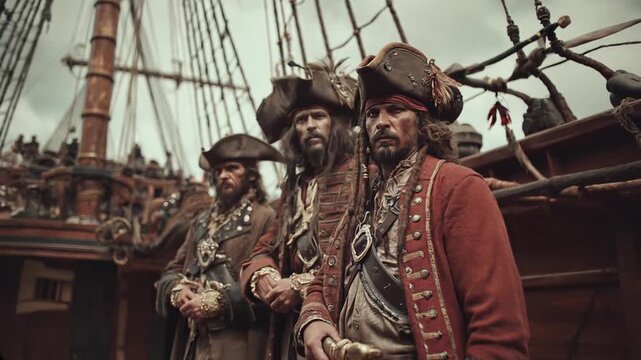 pirate captains on pirate ship. camera zoom out