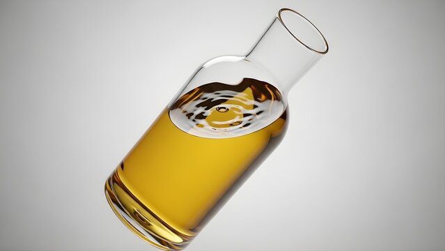 Golden Liquid Splashing in Tilted Clear Glass Bottle on Grey Background