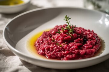 Warm Roasted Beet Risotto with Fresh Thyme and Olive Oil on Rustic Table