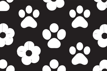 White Paw Prints and Simple Flowers Seamless Pattern on Black Background for Pet Designs
