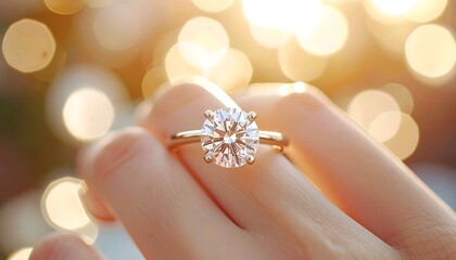 Sparkling round diamond ring on fingers with warm golden bokeh lights, hinting at romance or proposal celebration