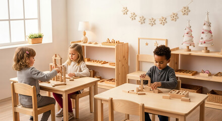 Children learning with natural wooden Montessori materials in a warm festive classroom with holiday decor, shelves, soft light