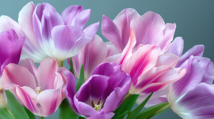 Obraz premium An elegant bunch of tulips in shades of pink and purple are captured in a soft focus, highlighting their delicate petals against a serene, muted blue backdrop.