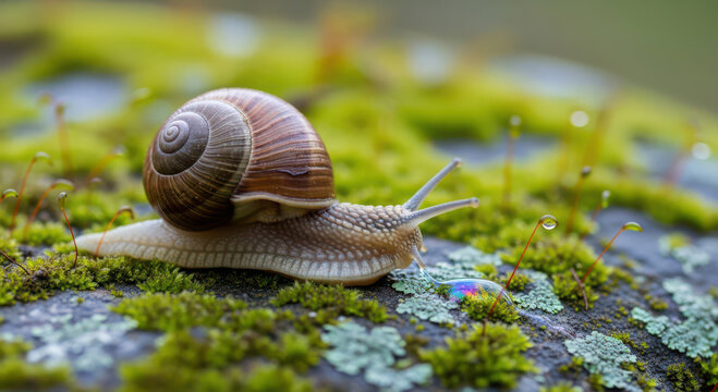 Snail on mossy surface in soft focus