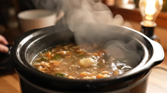 Steaming crockpot of delicious soup ready to eat