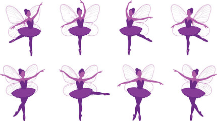 Ballerina fairy illustration, purple tutu, ballet poses, graceful movement, fantasy wings, dance elegance, magical character, artistic expression, whimsical design © Moyuri