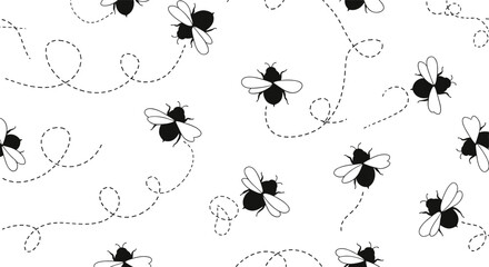 Cartoon bee pattern, whimsical flight path, flying insect design, playful motion, black and white bees, nature symbol, vector background © MstRostama