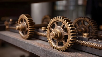Close up of vintage bronze gears and intricate mechanical components arranged on a rustic wooden shelf suggesting an industrial steampunk theme