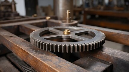 A detailed close up of an antique metallic gear with teeth mounted on a weathered wooden industrial structure hinting at historical hinery