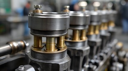 Close up of intricate industrial engine components showing precision engineering and metallic parts in a workshop