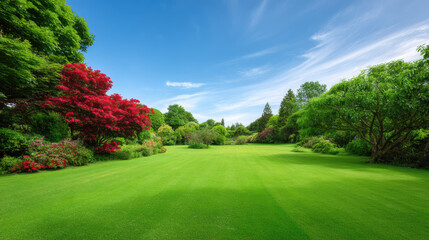 Naklejka premium Lush green lawn surrounded by vibrant trees and flowe shrubs under a bright blue sky creates a peaceful and inviting landscape in a beautiful garden setting.