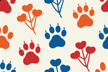 Yellow Paw Print Seamless Pattern with Cute Flowers and Pet Footprints on Cream Background