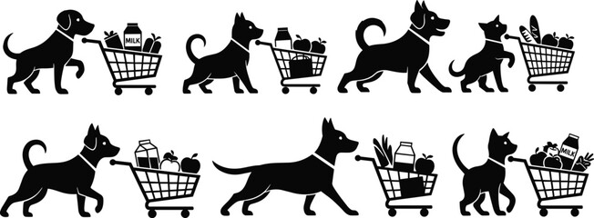 Fototapeta premium Dog shopping silhouette, grocery cart interaction, black outline, minimal art, pet humor, walking pose, food items, playful concept design