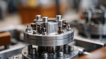 Close up of intricate metallic hinery with multiple bolts and precise components