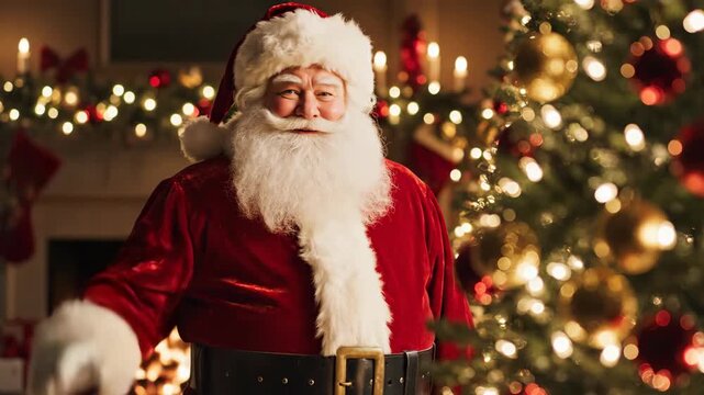 Santa Claus posing and waving in front of a Christmas tree and fireplace, festive holiday scene for celebration
