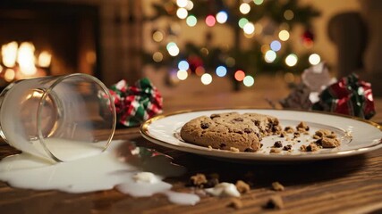 Spilled milk from a glass next to eaten cookie crumbs on a plate as evidence of Santas visit on Christmas Eve with bokeh lights and fireplace - Powered by Adobe
