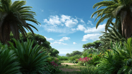 A scenic pathway leads through a lush tropical garden with towe palm trees, vibrant flowers, and a glimpse of the ocean under a bright, blue sky with clouds.