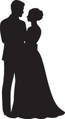 Silhouette Illustration of Couple Embracing Wearing Suit and Dress in Dark Tone Standing Against Transparent Background Vector Drawing Art Print with Minimalist Design Length 200
