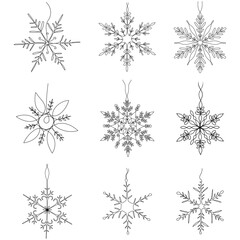 Set of Nine Continuous Line Art Snowflakes Collection