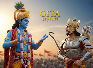 Krishna and Arjun Divine Harmony. Vibrant 3D Gita Jayanti Celebration.
