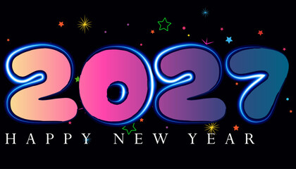 Vibrant Happy New Year 2027 Celebration with Neon Lights and Stars