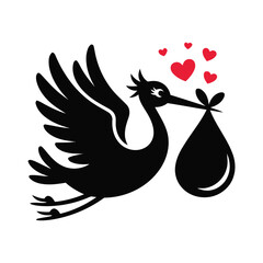 Fototapeta premium A stork carrying a baby in a bundle with hearts symbolizes new life and birth.
