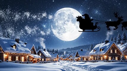 Santas sleigh and reindeer fly past a bright full moon over a snow-covered village at night, festive new year and christmas concept. - Powered by Adobe