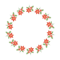 Simple Frame with poinsettia flower pattern forming elegant festive circle, red poinsettia repeating with holly leaves and berries, Simple Frame perfect for Christmas and winter decor.