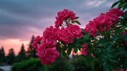Crimson roses bloom against a backdrop of a breathtaking sunset sky in a tranquil garden, evoking feelings of beauty, serenity, and the transient nature of life.