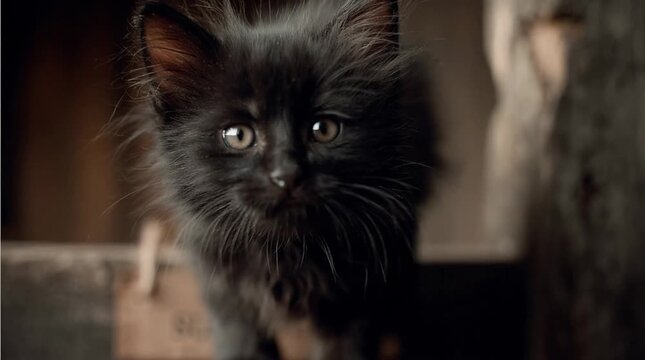 Un gatito negro con ojos verdes intensos mira directamente a la c&aacute;mara.