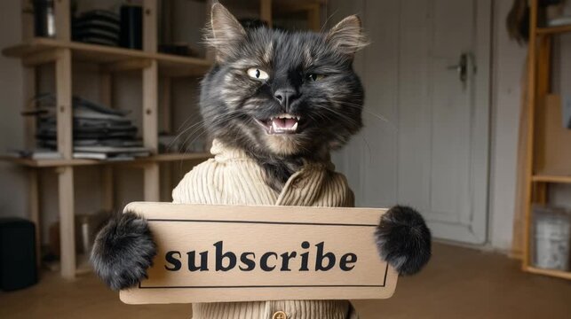 Un gato con un chaleco y un cartel pidiendo suscripciones.