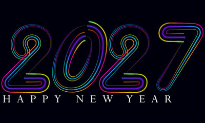 Vibrant Neon 2027 Happy New Year Illustration on Dark Background