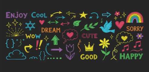 Vibrant collection of hand-drawn doodle elements and expressive typography, featuring playful arrows, hearts, stars, flowers, and uplifting words on a dark background for creative designs