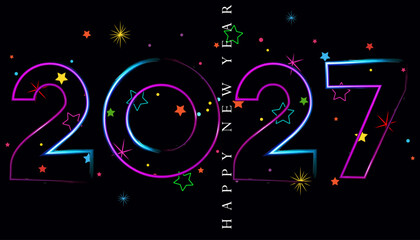 Vibrant Neon 2027 New Year Celebration Design with Sparkling Stars