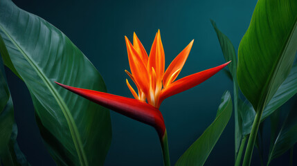 Obraz premium An exquisite close up view captures the vibrant orange and red hues of a Bird of Paradise flower surrounded by lush green leaves against a dark teal backdrop.