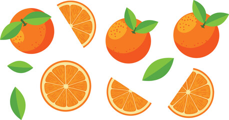 Orange fruit vector, whole and sliced citrus, green leaves, juicy texture, fresh food design, cartoon style, vitamin C icon