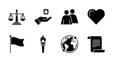 Collection of black silhouette icons: justice, people, love, global, history, leadership