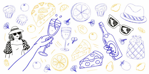 A woman in a hat and sunglasses enjoys a celebratory toast with champagne surrounded by summer party elements