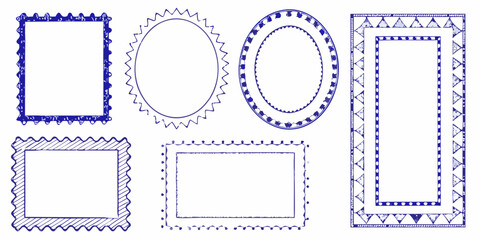 Collection of hand drawn blue decorative frames and borders on white background
