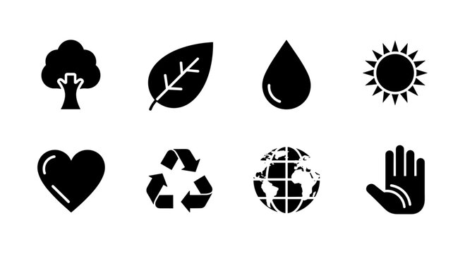 Black silhouette eco icons: environment, nature, and sustainability set